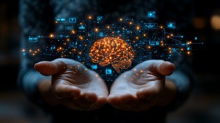 Hands Presenting Glowing Human Brain Model with Connected Data Nodes, Neural Network for Technological Advancement