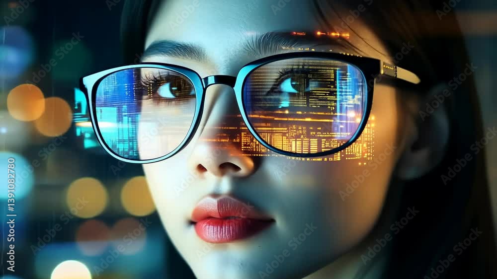 Aufkleber a close-up features person with glasses reflecting futuristic cityscape. the digital interface merge