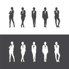 Collection of business woman wearing suit using tablet and other business situations silhouettes. Easy editable vector illustration.