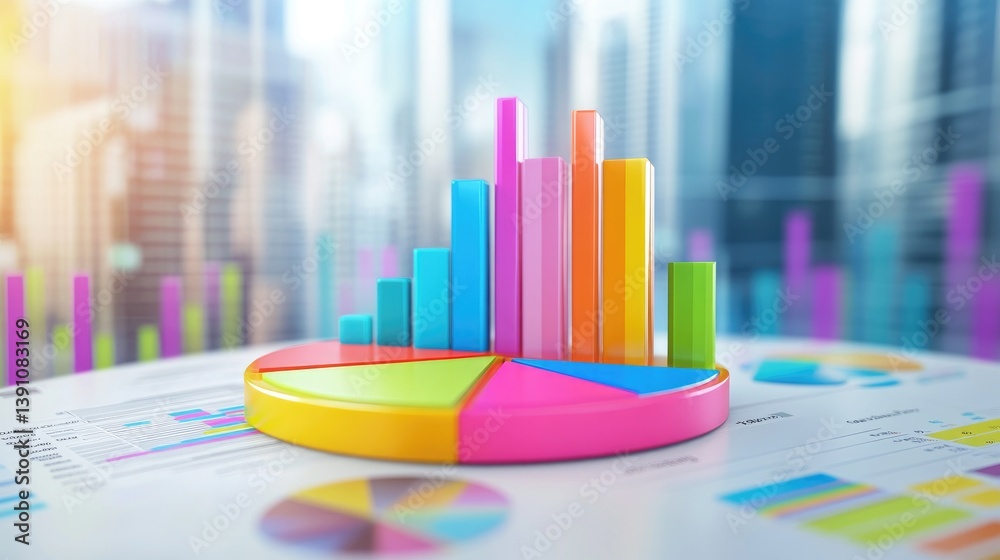 Poster a high-resolution image of a d pie chart with colorful segments, displaying various data proportions