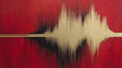 A red and gold painting of a wave with a gold line in the middle. The painting has a sense of movement and energy