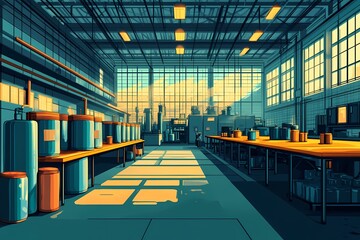 Modern Industrial Warehouse Interior: Clean and Organized Workspace with Sunlit Shelves and Storage in Urban Factory Design