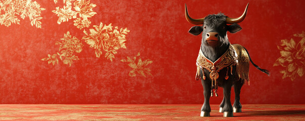 A bull with a gold and silver costume stands in front of a red background. The bull is the main focus of the image, and the red background adds a sense of warmth and intensity to the scene
