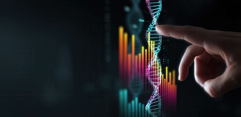 Hand interacting with digital DNA strand on a dark, colorful background.