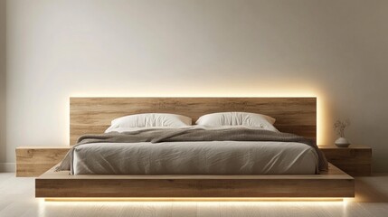 A modern, minimalist bedroom with a platform bed, simple bedding, and strategically placed lighting, offering a peaceful and visually calming environment.