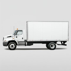 White box truck, side profile.  A large, white commercial box truck is depicted in a side view, showcasing its cargo area and cab.  The truck appears modern and ready for transport