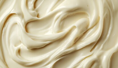 Fototapeta premium Creamy, smooth, light beige spread. A close-up view of a swirled, glossy, spreadable dairy product