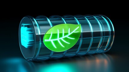 Transparent energy cell with glowing green leaf symbol