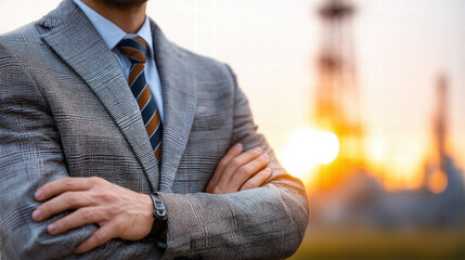 professional man in suit stands confidently with arms crossed, set against backdrop of industrial structures during sunset, conveying sense of authority and determination