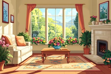 Modern Living Room Design with Cozy Warmth, Nature Views, and Inviting Plants for Spring