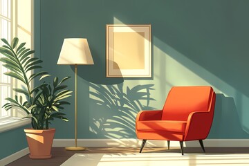Mid-Century Modern Interior Design: Bright Living Room with Orange Sofa & Green Wall in Sunny, Inviting Ambiance