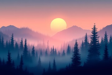 Tranquil Sunset Over Mountain Silhouettes: Vibrant Colors and Scenic Forest Landscape
