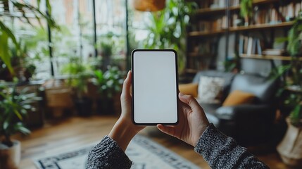 Person holding smartphone tapping on the blank screen to explore app features with a simple background for focus