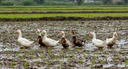 Ducks Wandering Through a Muddy Terrain Near an Agricultural Area Under a Gloomy Sky