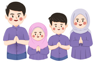 Smiling Muslim Family in Traditional Clothing, Saluting