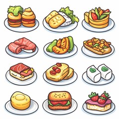 Delicious and Nutritious Food Illustration Icons. Colorful Meals & Appetizers for Creative Culinary Presentation
