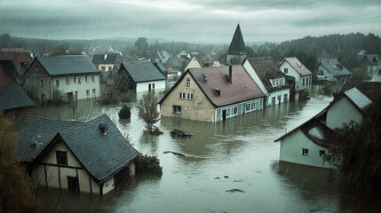 Fototapeta premium Flooded village with submerged houses and overcast sky, illustrating the impact of natural disasters on communities and the environment, disaster management concept