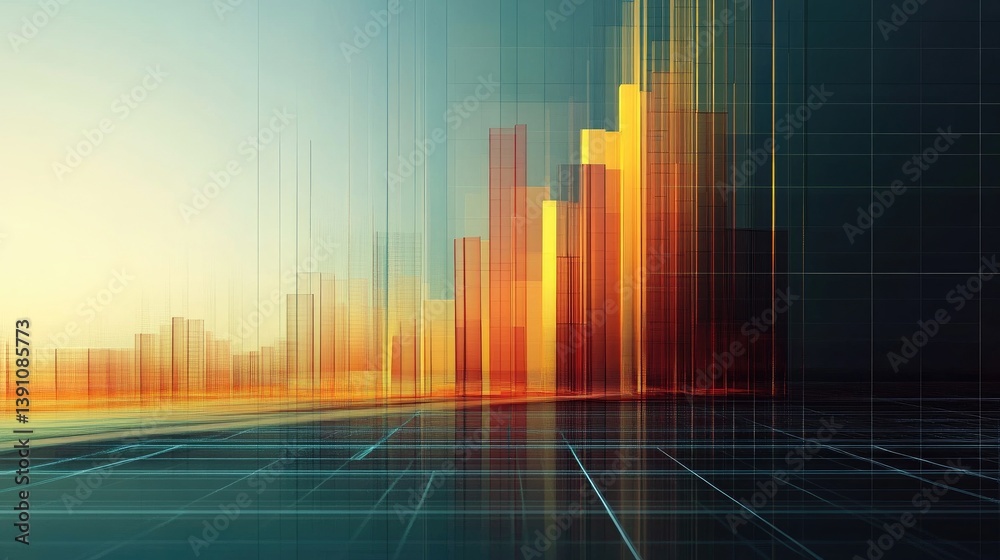 Poster a side view of a d bar chart with translucent bars and a grid background, illustrating detailed data