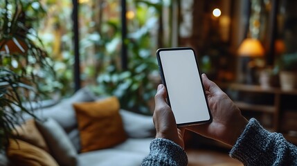 Persons hand holding smartphone and tapping on the touch screen with the screen being blank and focus on tech usage