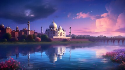 Majestic Taj Mahal Sunset Reflection Serene Indian Palace River Landscape