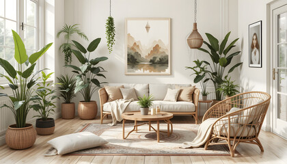 Obraz premium Serene Bohemian Living Room with Abundant Greenery and Natural Light