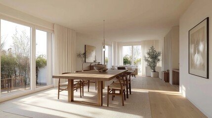 Fototapeta premium A stylish Nordic dining area with a wooden table, modern chairs, and simple decor, set against a backdrop of light-colored walls and large windows.