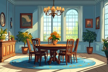 Fototapeta premium Elegant Dining Room Interior Design with Classic Furniture, Natural Light, and Trendy Decor