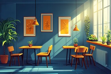 Modern Cozy Interior Design with Natural Light and Vibrant Colors: Stylish Home Decor Featuring Wooden Furniture and Indoor Plants in a Contemporary Space