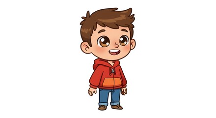 Cartoon boy with brown hair, eyes, wearing a red and orange hoodie.