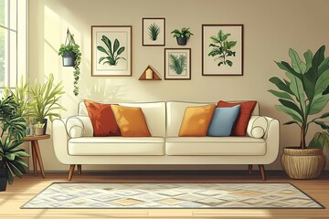 Fototapeta premium Modern Living Room Ideas: Cozy Sofa, Indoor Plants & Bright Home Decor