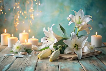 Serene Still Life Featuring Elegant White Lilies and Burning Candles on Rustic Wooden Surface
