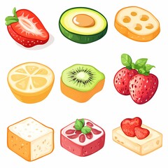 Vibrant Fruit Illustration: Strawberry, Avocado, Kiwi, and Lemon for a Delicious, Healthy Dessert Design