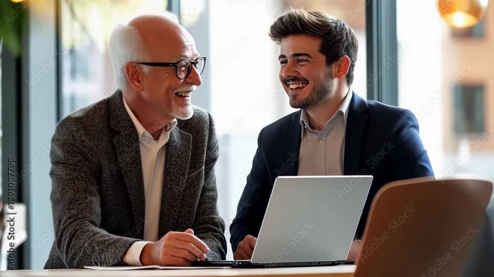 Aufkleber an older and a younger professional are seated at a table, working together on a laptop. the scene c