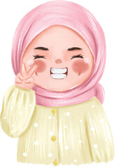 Joyful Chubby Girl in Pink Hijab, Peace Sign