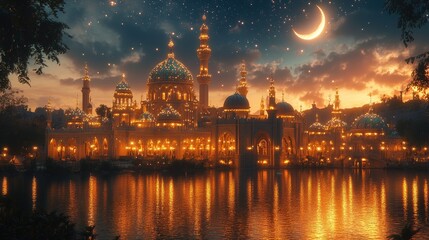 Fototapeta premium Magnificent mosque at dusk, serene reflection on water