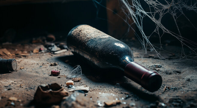 Uma velha garrafa de vinho empoeirada deitada de lado em um por&atilde;o escuro e esquecido,