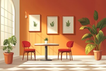 Modern Home Interior Design with Orange Walls, Plants, and Contemporary Furniture in a Cozy Dining Area