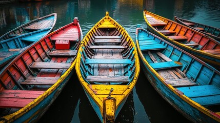 Obraz premium Colorful wooden boats are peacefully resting on calm waters