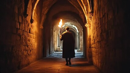 Man with cloak holding fire torch walking through dimly lit cathedral corridor at night
 - Powered by Adobe