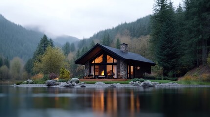 Fototapeta premium Cozy cabin nestled beside a serene lake in a lush forest. Warm interior light spills outward