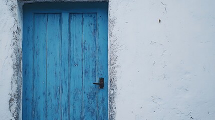 Weathered Blue Wooden Door on White Wall / 白い壁に立つ風化した青い木製ドア