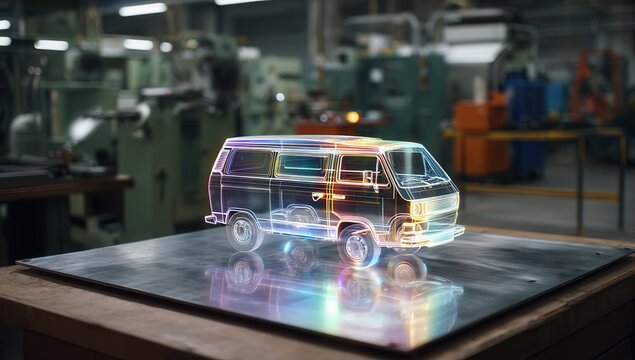 Futuristic transparent van model in workshop, glowing with neon lights.