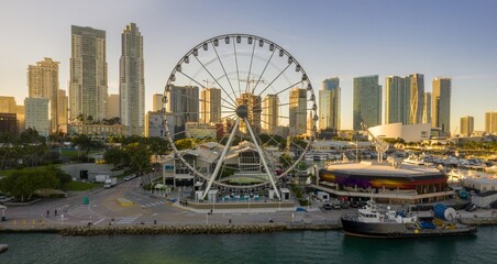 Aerial view of the Miami skyline, featuring the Skyviews Miami Observation Wheel, Bayside...