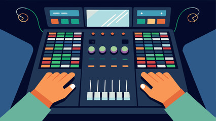 Console Control A closeup illustration of a technicians hands operating a mixing console with sliders and buttons while screens show different camera angles.