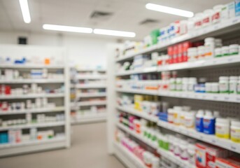 Blurred view of pharmacy shelves filled with various medications and healthcare products in a store