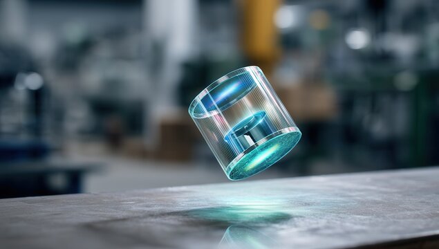 Futuristic translucent object hovering over a surface.