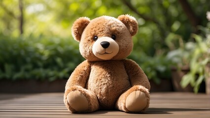 A plush teddy bear with a brown body, dark nose