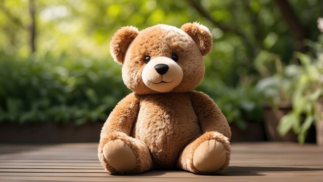 A plush teddy bear with a brown body, dark nose