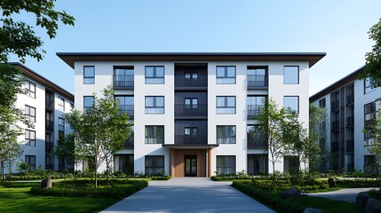 Obraz premium Modern Apartment Building with Green Courtyard / 緑の中庭を持つモダンなマンションビル
