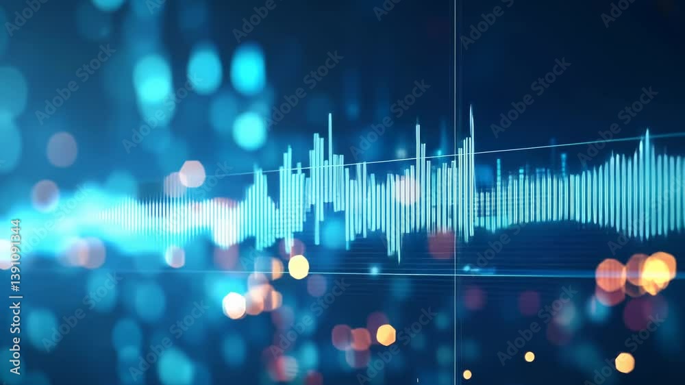 Poster A vibrant visualization sound wave bright blue. The waveform is dynamically displayed against backdrop blurred, bokeh lights. Symbolizing technology, audio analysis, or digital data communication.